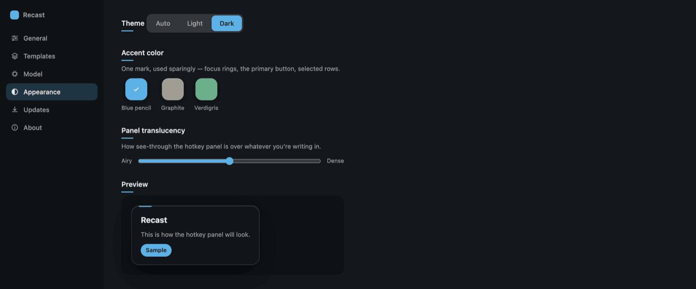 Appearance settings with theme, three accent colors, and a panel translucency slider