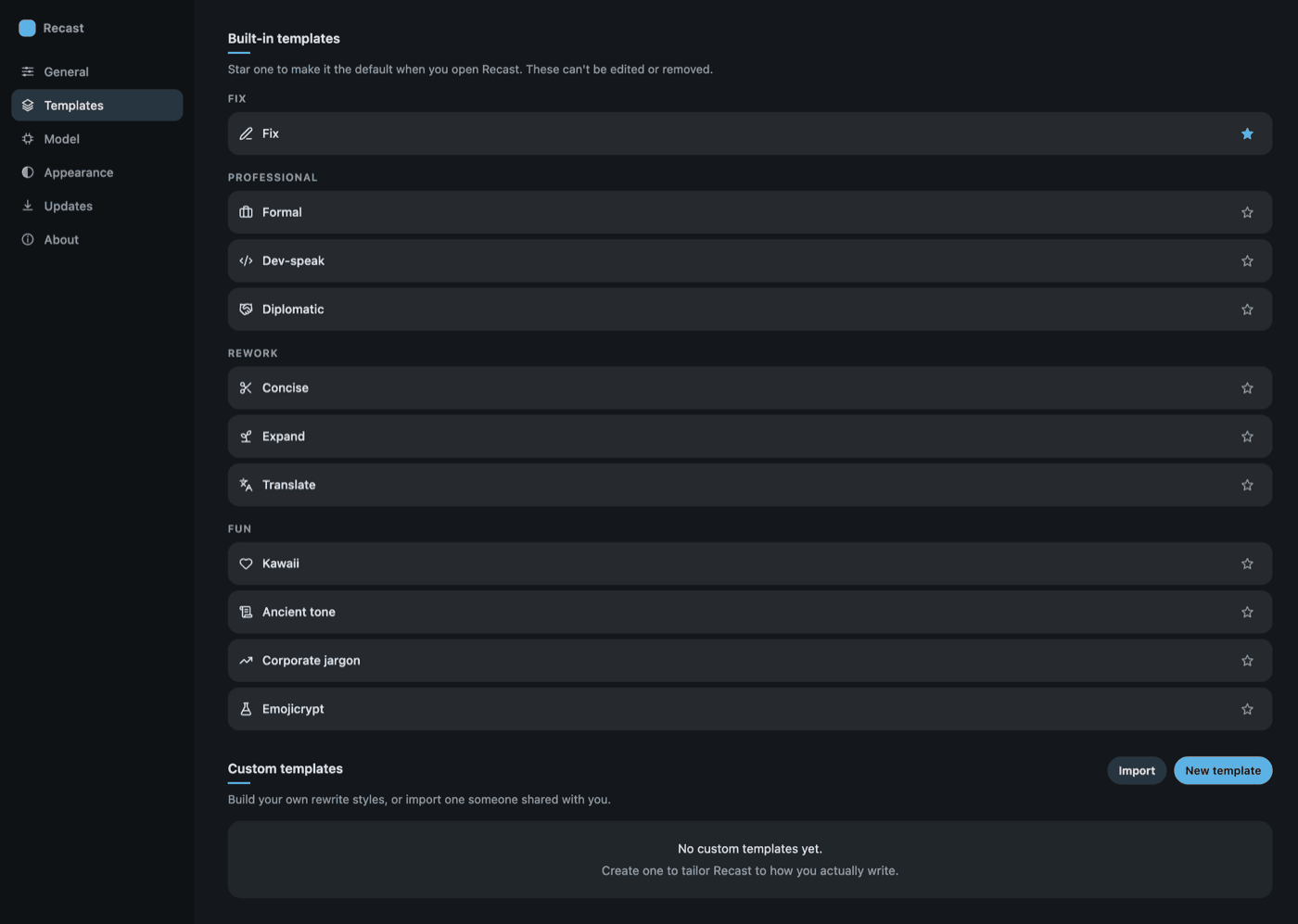 Settings Templates tab listing eleven built-in templates across four categories