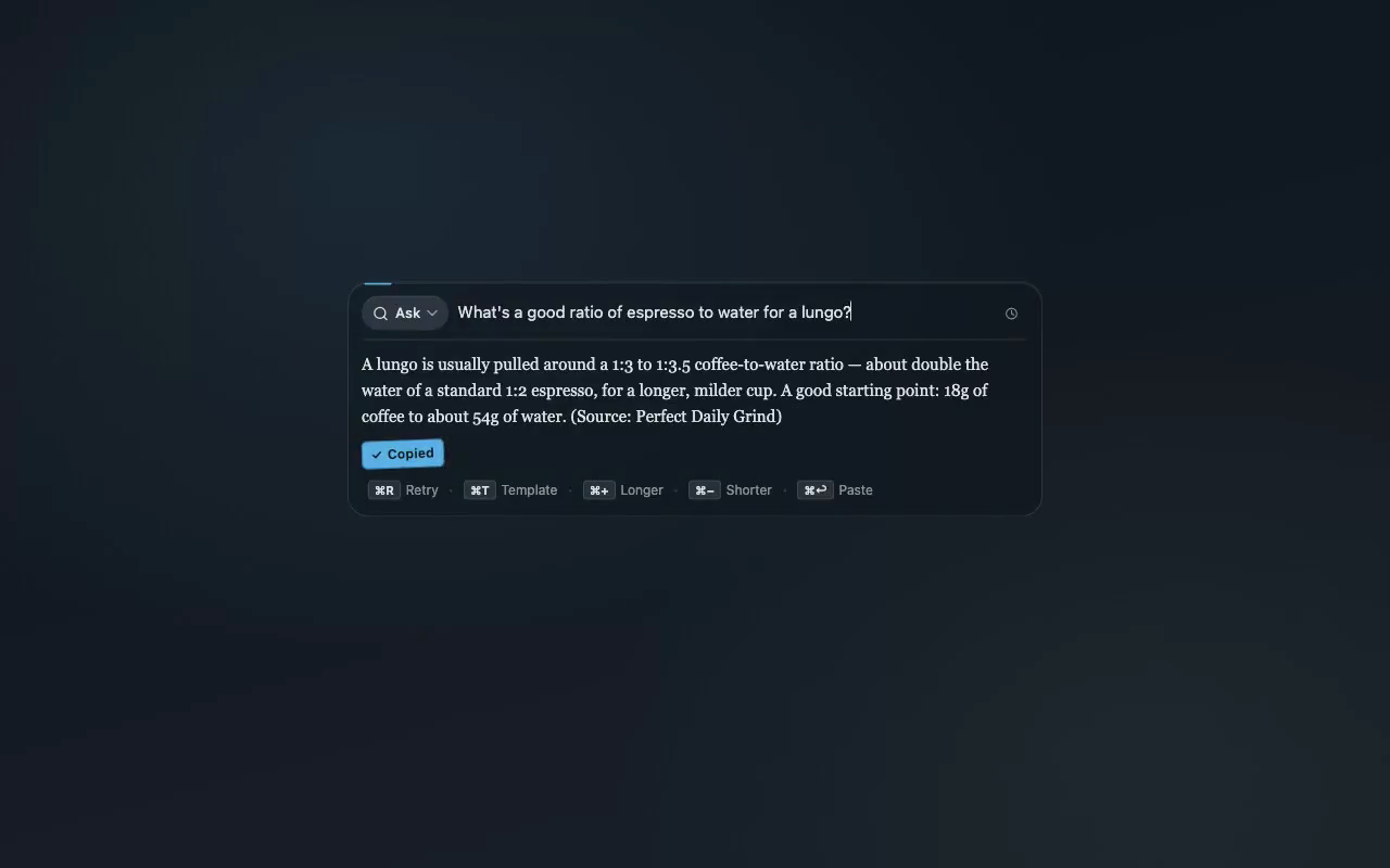 Recast panel showing a typed question, its streamed answer, and the pages it checked to answer it
